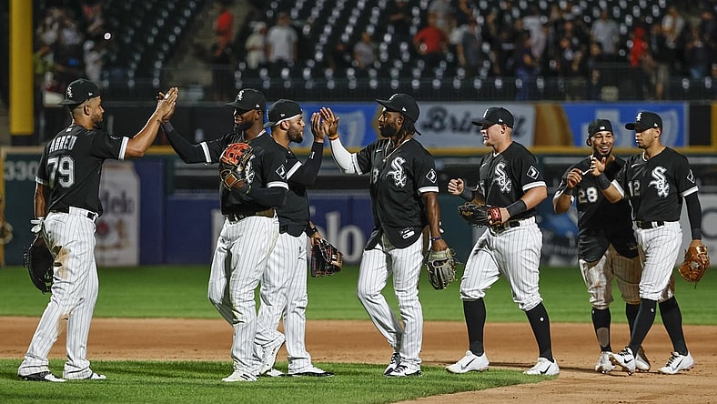 Aug 31, 2021; Chicago, Illinois, USA; Chicago White Sox players celebrate after defeating the Pittsburgh Pirates at Guaranteed Rate Field. Mandatory Credit: Kamil Krzaczynski-USA TODAY Sports