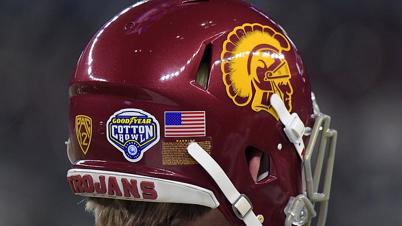 Dec 29, 2017; Arlington, TX, USA; General overall view of the 2017 Cotton Bowl logo on the back of the helmet of Southern California Trojans long snapper Jake Olson at AT&T Stadium. Mandatory Credit: Kirby Lee-USA TODAY Sports