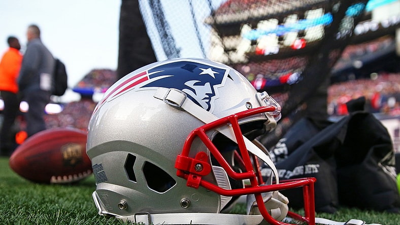Jan 21, 2018; Foxborough, MA, USA; Detailed view of a New England Patriots football helmet on the field during the AFC Championship Game against the Jacksonville Jaguars at Gillette Stadium. Mandatory Credit: Mark J. Rebilas-USA TODAY Sports