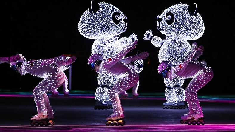 Feb 25, 2018; PyeongChang, South Korea; Performers for Beijing 2022 during the closing ceremony for the Pyeongchang 2018 Olympic Winter Games at Pyeongchang Olympic Stadium. Mandatory Credit: Rob Schumacher-USA TODAY Sports