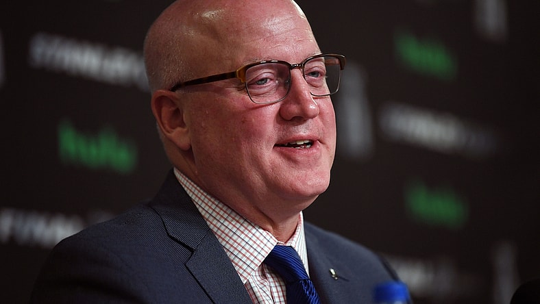 May 28, 2018; Las Vegas, NV, USA; NHL deputy commissioner Bill Daly speaks with media before game one of the 2018 Stanley Cup Final between Vegas Golden Knights and Washington Capitals at T-Mobile Arena. Mandatory Credit: Stephen R. Sylvanie-USA TODAY Sports