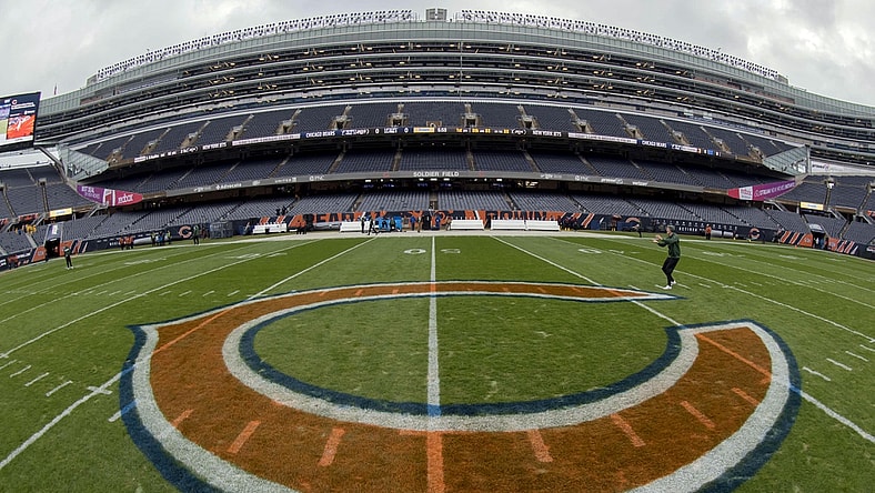 Oct 28, 2018; Chicago, IL, USA; The Chicago Bears logo is seen prior to a game against the New York Jets at Soldier Field. Mandatory Credit: Patrick Gorski-USA TODAY Sports