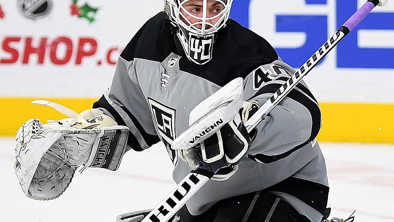 Dec 23, 2018; Las Vegas, NV, USA; Los Angeles Kings goaltender Cal Petersen (40) watches a shot sail wide during the second period against the Vegas Golden Knights at T-Mobile Arena. Mandatory Credit: Stephen R. Sylvanie-USA TODAY Sports