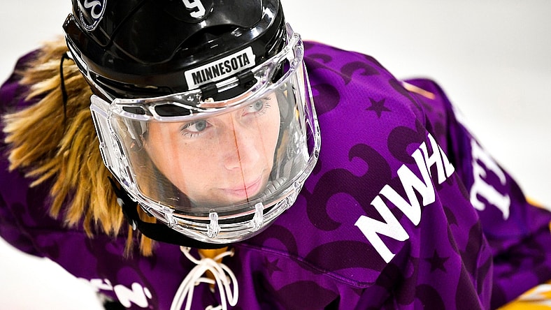 Allie Thunstrom gets into position to compete in the fastest skater competition during the 2019 NWHL All-Star Weekend Skills Competition at Ford Ice Center in Antioch, Tenn., Saturday, Feb. 9, 2019.

20190209 Nwhlskills 009
