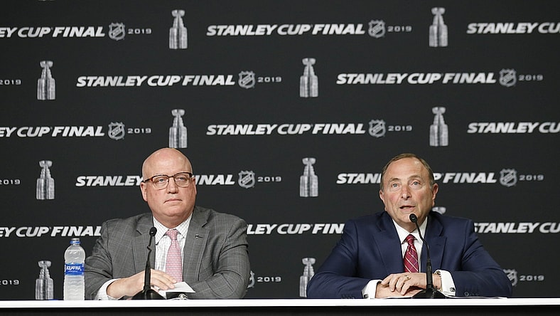 May 27, 2019; Boston, MA, USA; NHL commissioner Gary Bettman (right) and deputy commissioner Bill Daly (left) at a press conference before game one of the 2019 Stanley Cup Final between the Boston Bruins and the St. Louis Blues at TD Garden. Mandatory Credit: Winslow Townson-USA TODAY Sports