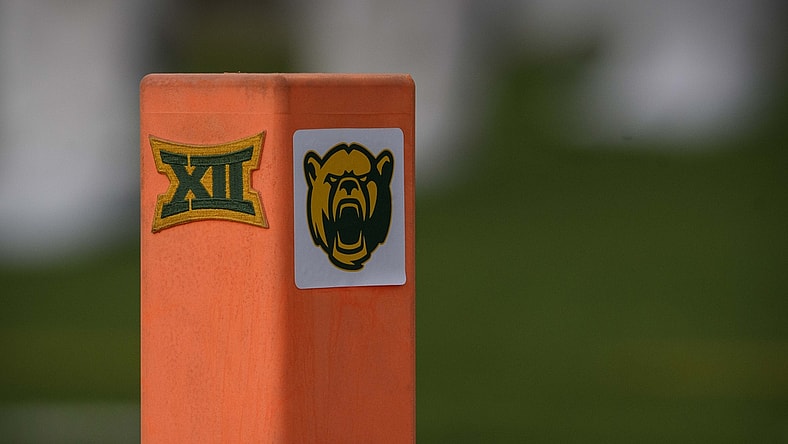 Aug 31, 2019; Waco, TX, USA; A view of the Baylor Bears logo and the Big 12 conference logo on an end zone pylon during the game between the Baylor Bears and the Stephen F. Austin Lumberjacks at McLane Stadium. Mandatory Credit: Jerome Miron-USA TODAY Sports