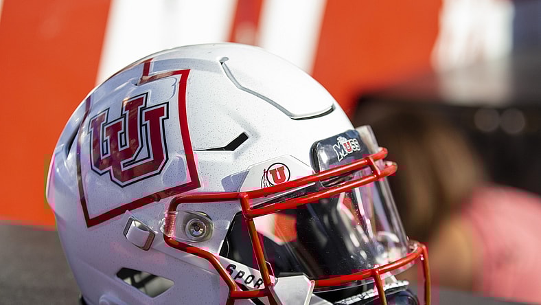 Sep 14, 2019; Salt Lake City, UT, USA; A general view of the helmet worn by Utah Utes quarterback Tyler Huntley (1) against the Idaho State Bengals at Rice-Eccles Stadium. Mandatory Credit: Rob Gray-USA TODAY Sports
