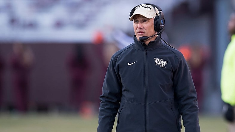 Nov 9, 2019; Blacksburg, VA, USA; Wake Forest Demon Deacons head coach Dave Clawson walks the sidelines during the game against the Virginia Tech Hokies at Lane Stadium. Mandatory Credit: Lee Luther Jr.-USA TODAY Sports