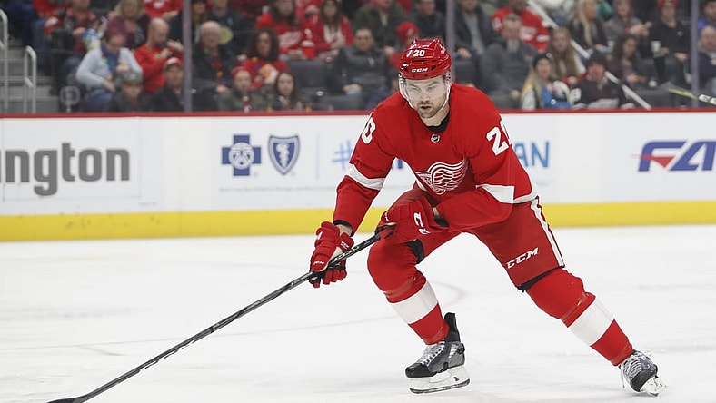 Dec 7, 2019; Detroit, MI, USA; Detroit Red Wings defenseman Dylan McIlrath (20) gets to the loose puck during the first period against the Pittsburgh Penguins at Little Caesars Arena. Mandatory Credit: Raj Mehta-USA TODAY Sports