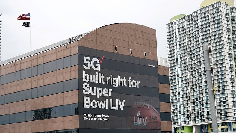 Feb 1, 2020; Miami, Florida, USA; General overall view of Verizon 5G advertisement prior to Super Bowl LIV.. Mandatory Credit: Kirby Lee-USA TODAY Sports