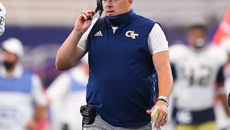 Sep 26, 2020; Syracuse, New York, USA; Georgia Tech Yellow Jackets head coach Geoff Collins looks on against the Syracuse Orange during the fourth quarter at the Carrier Dome. Mandatory Credit: Rich Barnes-USA TODAY Sports