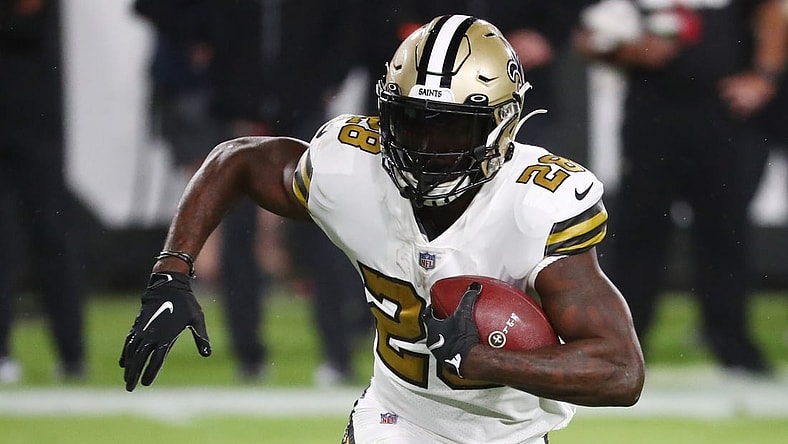 Nov 8, 2020; Tampa, Florida, USA; New Orleans Saints running back Latavius Murray (28) runs the ball against the Tampa Bay Buccaneers in the first quarter of a NFL game at Raymond James Stadium. Mandatory Credit: Kim Klement-USA TODAY Sports