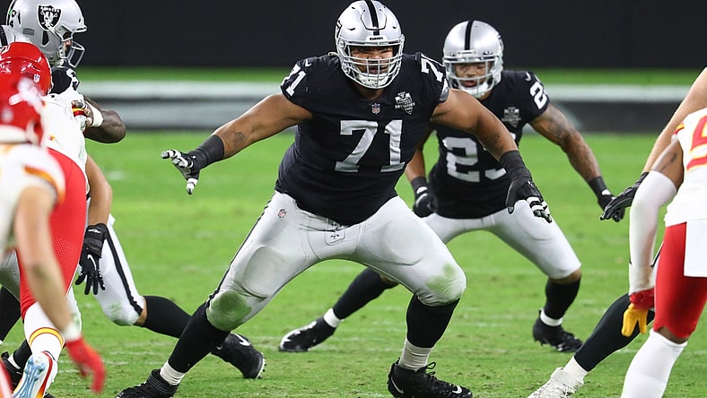 Nov 22, 2020; Paradise, Nevada, USA; Las Vegas Raiders offensive tackle Denzelle Good (71) against the Kansas City Chiefs at Allegiant Stadium. Mandatory Credit: Mark J. Rebilas-USA TODAY Sports