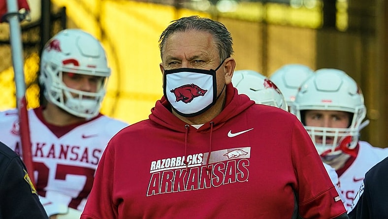 Dec 5, 2020; Columbia, Missouri, USA; Arkansas Razorbacks head coach Sam Pittman leads the team onto the field before the game against the Missouri Tigers at Faurot Field at Memorial Stadium. Mandatory Credit: Jay Biggerstaff-USA TODAY Sports