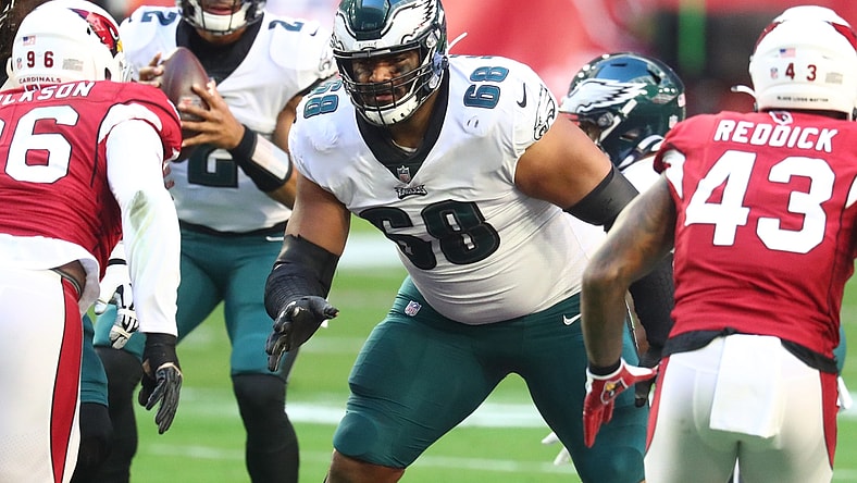 Dec 20, 2020; Glendale, Arizona, USA; Philadelphia Eagles offensive tackle Jordan Mailata (68) against the Arizona Cardinals at State Farm Stadium. Mandatory Credit: Mark J. Rebilas-USA TODAY Sports