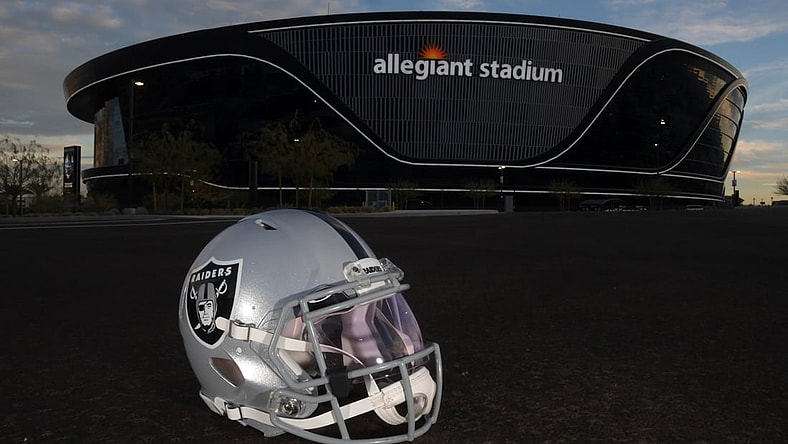 Dec 26, 2020; Paradise, Nevada, USA; A general view of a Las Vegas Raiders helmet outside of Allegiant Stadium  before the game against the Miami Dolphins. Mandatory Credit: Kirby Lee-USA TODAY Sports