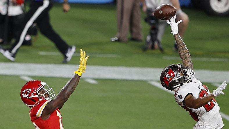 Feb 7, 2020; Tampa, FL, USA; Tampa Bay Buccaneers cornerback Sean Murphy-Bunting (23) knocks away a pass intended for Kansas City Chiefs wide receiver Byron Pringle (left) during the first quarter of Super Bowl LV at Raymond James Stadium.  Mandatory Credit: Kim Klement-USA TODAY Sports