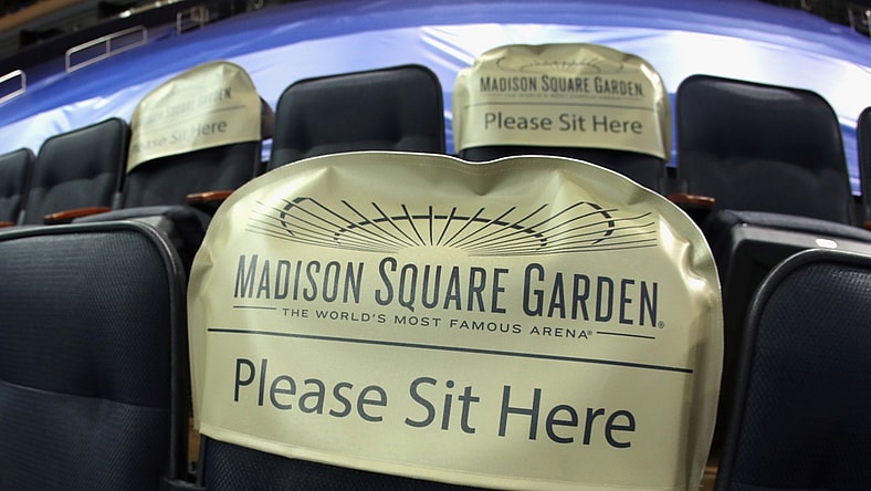 Feb 10, 2021; New York, NY, USA;  A general view of spectator seats prior to the game between the New York Rangers and Boston Bruins at Madison Square Garden. New York State announced today that arenas can re-open to spectators and fans on February 23 at 10% occupancy. Mandatory Credit: Bruce Bennett/Pool Photo-USA TODAY Sports