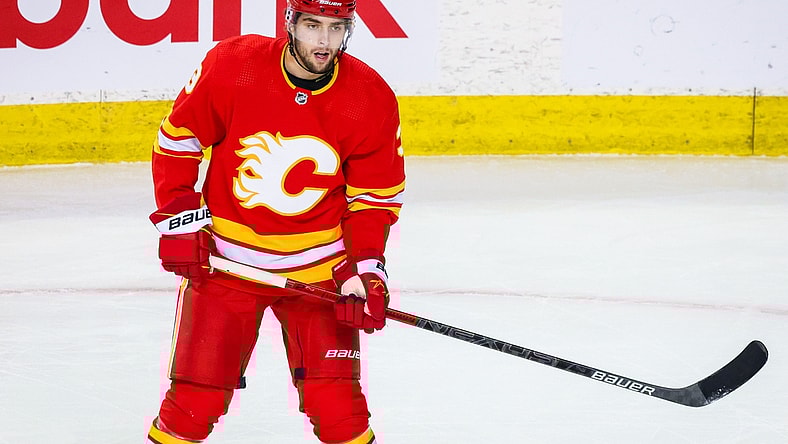 Feb 19, 2021; Calgary, Alberta, CAN; Calgary Flames defenseman Connor Mackey (3) skates against the Edmonton Oilers during the first period at Scotiabank Saddledome. Mandatory Credit: Sergei Belski-USA TODAY Sports