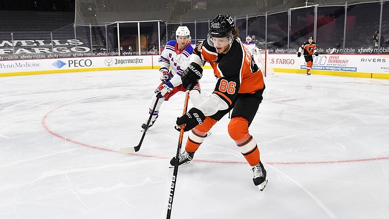 Feb 24, 2021; Philadelphia, Pennsylvania, USA; Philadelphia Flyers left wing Joel Farabee (86) controls the puck against the New York Rangers during the second period at Wells Fargo Center. Mandatory Credit: Eric Hartline-USA TODAY Sports