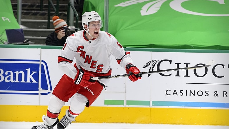 Feb 13, 2021; Dallas, Texas, USA; Carolina Hurricanes defenseman Jake Gardiner (51) in action during the game between the Dallas Stars and the Carolina Hurricanes at the American Airlines Center. Mandatory Credit: Jerome Miron-USA TODAY Sports