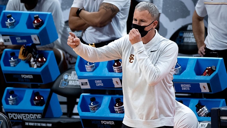 USC head coach Andy Enfield reacts during their game against Drake in the first round of the 2021 NCAA Tournament on Saturday, March 20, 2021, at Bankers Life Fieldhouse in Indianapolis, Ind. Mandatory Credit: Albert Cesare/IndyStar via USA TODAY Sports