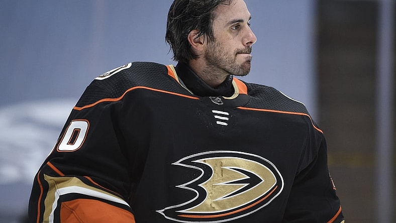 Mar 20, 2021; Anaheim, California, USA; Anaheim Ducks goalie Ryan Miller (30) looks on during a break in play in the first period against the Arizona Coyotes at Honda Center. Mandatory Credit: Kelvin Kuo-USA TODAY Sports