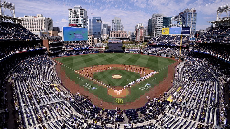 Apr 1, 2021; San Diego, California, USA; A general overview of Petco Park during the playing of the national anthem before the game between the Arizona Diamondbacks and San Diego Padres at Petco Park. Mandatory Credit: Orlando Ramirez-USA TODAY Sports
