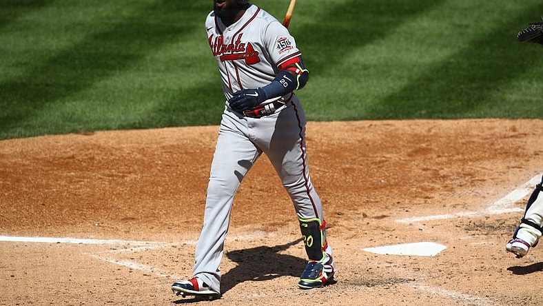 Apr 4, 2021; Philadelphia, Pennsylvania, USA; Atlanta Braves left fielder Marcell Ozuna (20) reacts after striking out in the seventh inning against the Philadelphia Phillies at Citizens Bank Park. Mandatory Credit: Kyle Ross-USA TODAY Sports