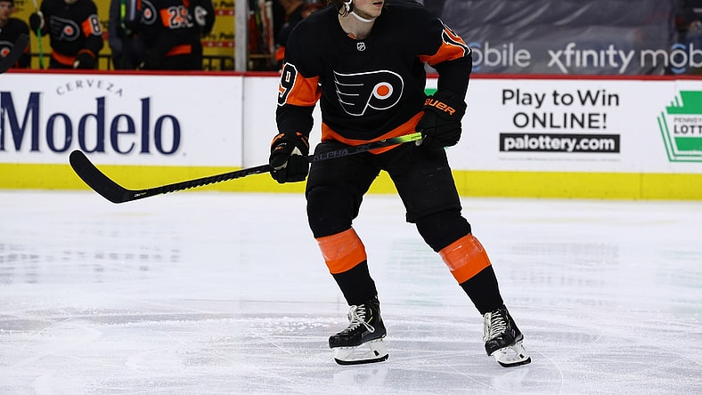 Apr 11, 2021; Philadelphia, Pennsylvania, USA; Philadelphia Flyers center Nolan Patrick (19) skates through the offensive zone in the second period against the Buffalo Sabres at Wells Fargo Center. Mandatory Credit: Kyle Ross-USA TODAY Sports