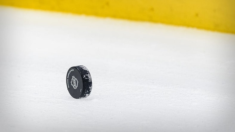 Apr 20, 2021; Dallas, Texas, USA; A view of a hockey puck and yellow boards before the game between the Dallas Stars and the Detroit Red Wings at the American Airlines Center. Mandatory Credit: Jerome Miron-USA TODAY Sports