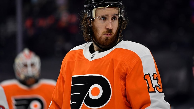 Apr 17, 2021; Philadelphia, Pennsylvania, USA; Philadelphia Flyers center Kevin Hayes (13) looks on in the third period against the Washington Capitals at Wells Fargo Center. Mandatory Credit: Kyle Ross-USA TODAY Sports