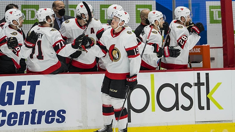 Apr 22, 2021; Vancouver, British Columbia, CAN; Ottawa Senators forward Drake Batherson (19) celebrates his goal against the Vancouver Canucks  in the first period at Rogers Arena. Mandatory Credit: Bob Frid-USA TODAY Sports