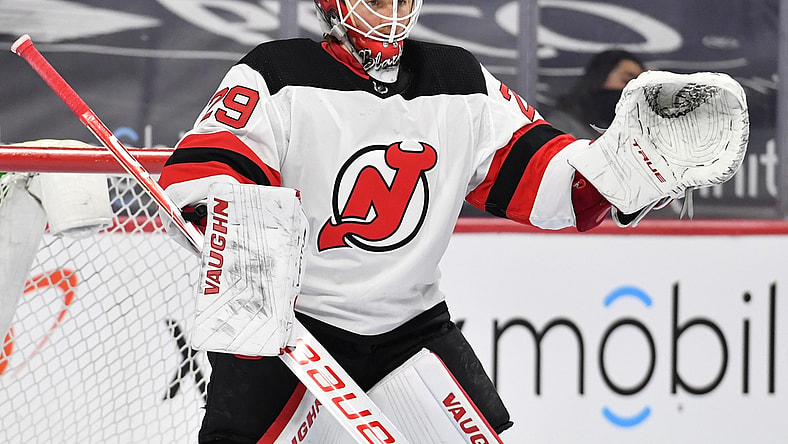 Apr 25, 2021; Philadelphia, Pennsylvania, USA; New Jersey Devils goaltender Mackenzie Blackwood (29) against the Philadelphia Flyers at Wells Fargo Center. Mandatory Credit: Eric Hartline-USA TODAY Sports