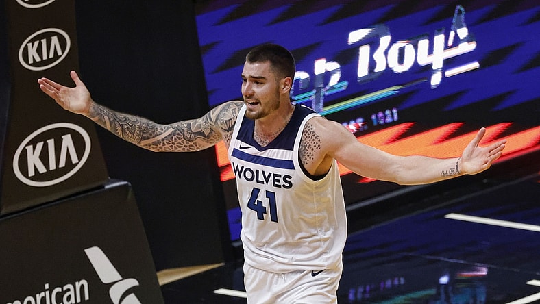 May 7, 2021; Miami, Florida, USA; Minnesota Timberwolves forward Juancho Hernangomez (41) reacts after being called for a foul during the second half against the Miami Heat at American Airlines Arena. Mandatory Credit: Rhona Wise-USA TODAY Sports