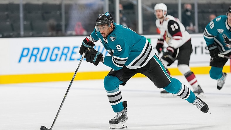 May 7, 2021; San Jose, California, USA; San Jose Sharks left wing Evander Kane (9) skates during the third period against the Arizona Coyotes at SAP Center at San Jose. Mandatory Credit: Stan Szeto-USA TODAY Sports