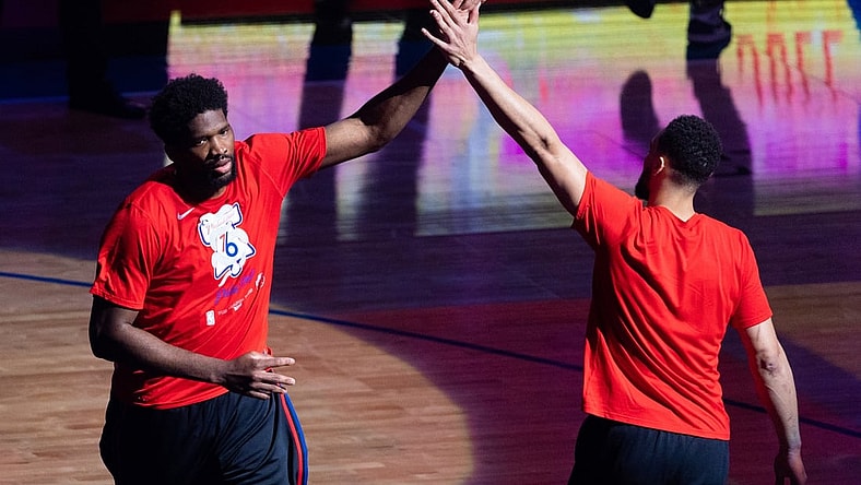 May 23, 2021; Philadelphia, Pennsylvania, USA; Philadelphia 76ers center Joel Embiid (L) and guard Ben Simmons (R) before game one in the first round of the 2021 NBA Playoffs against the Washington Wizards at Wells Fargo Center. Mandatory Credit: Bill Streicher-USA TODAY Sports