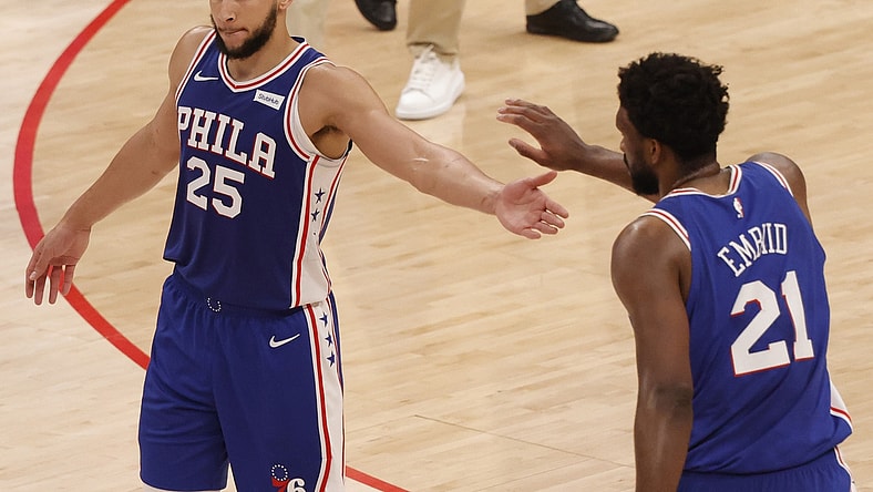 May 29, 2021; Washington, District of Columbia, USA; Philadelphia 76ers center Joel Embiid (21) celebrates with 76ers guard Ben Simmons (25) against the Washington Wizards in the third quarter during game three in the first round of the 2021 NBA Playoffs at Capital One Arena. Mandatory Credit: Geoff Burke-USA TODAY Sports