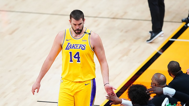 Jun 1, 2021; Phoenix, Arizona, USA; Los Angeles Lakers center Marc Gasol (14) against the Phoenix Suns during game five in the first round of the 2021 NBA Playoffs at Phoenix Suns Arena. Mandatory Credit: Mark J. Rebilas-USA TODAY Sports