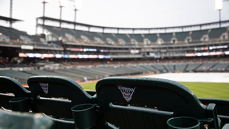 Rain delay at a Tigers game against Seattle Mariners at Comerica Park in Detroit, Tuesday, June 8, 2021.