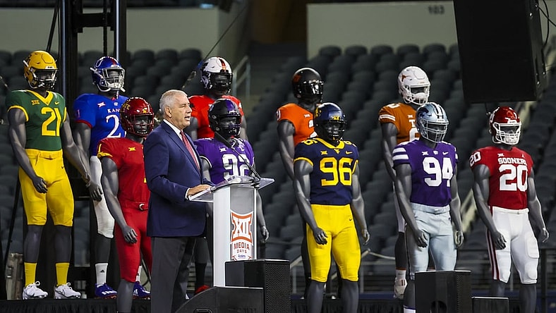 Jul 14, 2021; Arlington, TX, USA;  Big 12 Commissioner Bob Bowlsby speaks to the media during Big 12 media days at AT&T Stadium. Mandatory Credit: Kevin Jairaj-USA TODAY Sports
