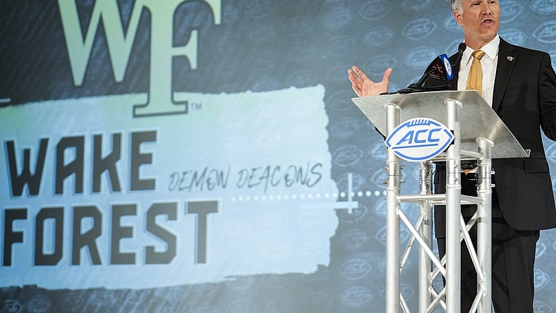 Jul 22, 2021; Charlotte, NC, USA; Wake Forest Demon Deacons coach Dave Clawson speaks to the media during the ACC Kickoff at The Westin Charlotte. Mandatory Credit: Jim Dedmon-USA TODAY Sports