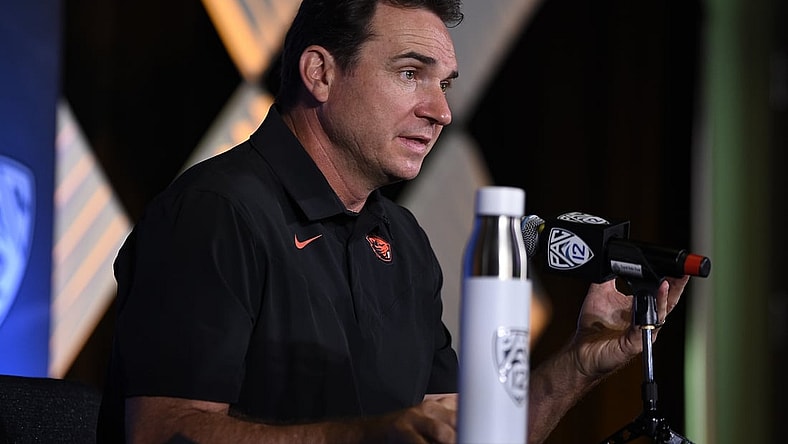 Jul 27, 2021; Hollywood, CA, USA; Oregon State Beavers head coach Jonathan Smith speaks with the media during the Pac-12 football Media Day at the W Hollywood. Mandatory Credit: Kelvin Kuo-USA TODAY Sports