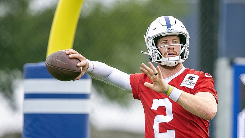 Jul 28, 2021; Westfield, IN, United States; Indianapolis Colts quarterback Carson Wentz (2) at Grand Park. Mandatory Credit: Marc Lebryk-USA TODAY Sports