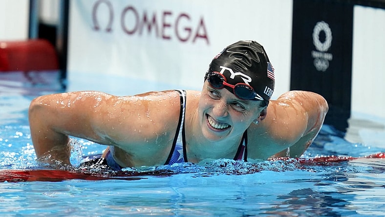 Jul 31, 2021; Tokyo, Japan; Katie Ledecky (USA) reacts after winning the women's 800m freestyle final during the Tokyo 2020 Olympic Summer Games at Tokyo Aquatics Centre. Mandatory Credit: Grace Hollars-USA TODAY Sports