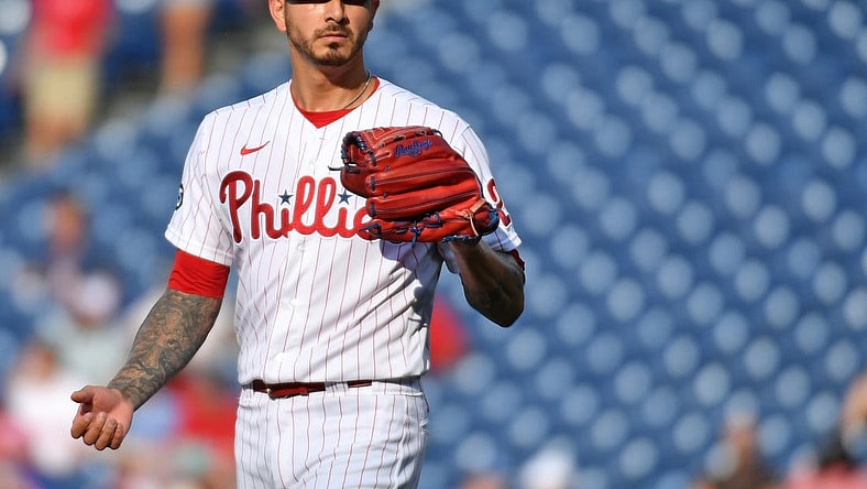 Jul 24, 2021; Philadelphia, Pennsylvania, USA;  Philadelphia Phillies starting pitcher Vince Velasquez (21) during the first inning against the Atlanta Braves at Citizens Bank Park. Mandatory Credit: Eric Hartline-USA TODAY Sports