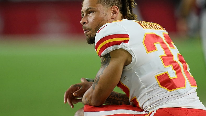 Aug 20, 2021; Glendale, Arizona, USA; Kansas City Chiefs free safety Tyrann Mathieu (32) looks on against the Arizona Cardinals during the second half at State Farm Stadium. Mandatory Credit: Joe Camporeale-USA TODAY Sports