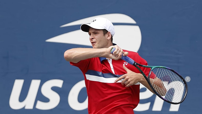 Aug 31, 2021; Flushing, NY, USA;  Hubert Hurkacz of Poland returns a shot against Egor Gerasimov of Belarus in a first round match on day two of the 2021 U.S. Open tennis tournament at USTA Billie King National Tennis Center. Mandatory Credit: Jerry Lai-USA TODAY Sports