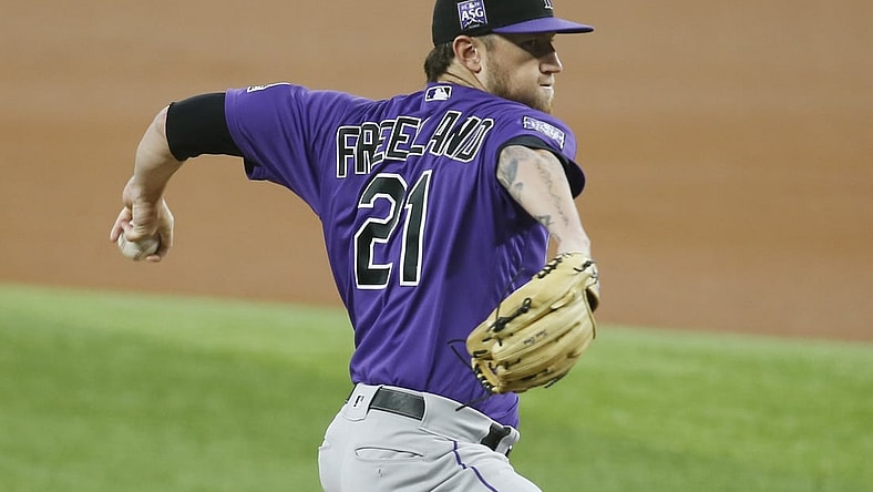 Sep 1, 2021; Arlington, Texas, USA; Colorado Rockies starting pitcher Kyle Freeland (21) throws a pitch in the first inning against the Texas Rangers at Globe Life Field. Mandatory Credit: Tim Heitman-USA TODAY Sports