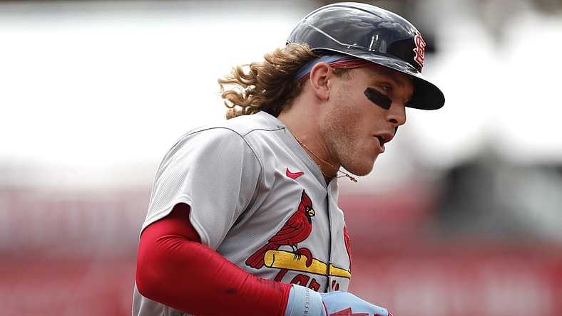 Sep 1, 2021; Cincinnati, Ohio, USA; St. Louis Cardinals center fielder Harrison Bader (48) reacts as he runs the bases after hitting a solo home run against the Cincinnati Reds during the second inning in game one of a doubleheader at Great American Ball Park.  Mandatory Credit: David Kohl-USA TODAY Sports